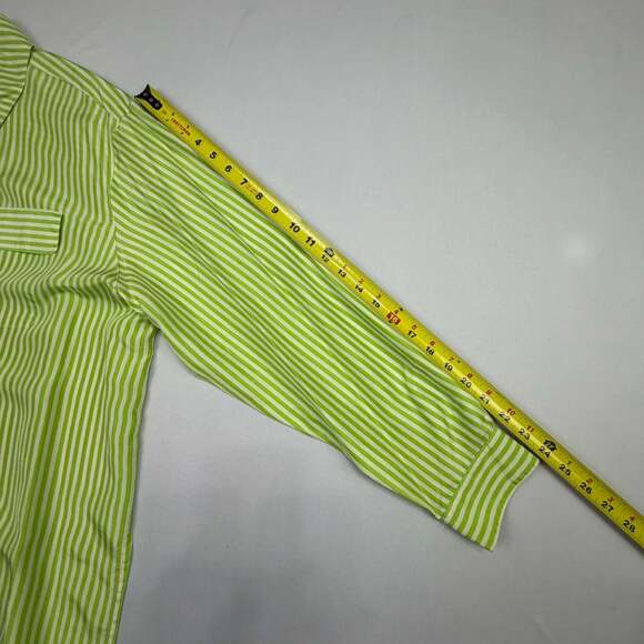 Melrose Silk Studio 100% Silk Lime Green and White Striped Long Sleeve Button Do - Picture 10 of 11